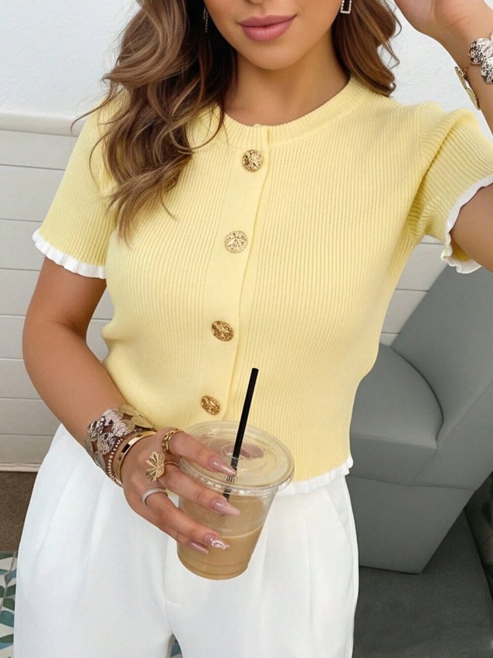 Multicolor Casual Women's Short Sleeve Button Ear Knit Top